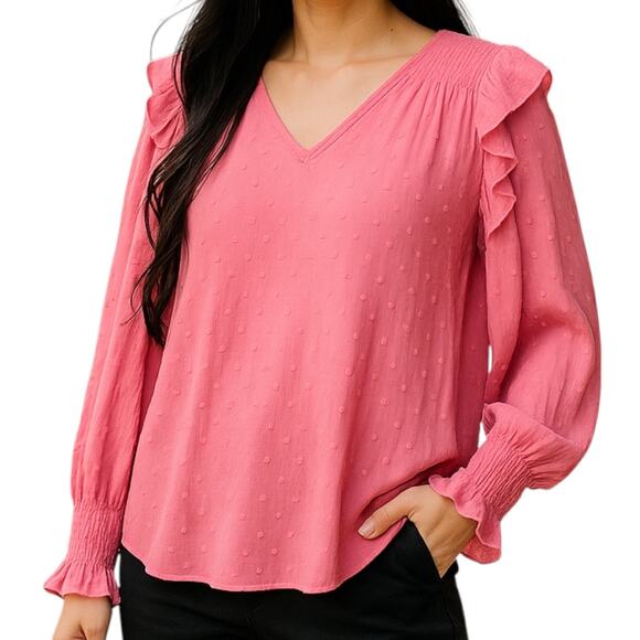 LOFT Sz L Chalk Rose Long Sleeve Ruffled Shoulders & Sleeve Hem | GUC - Picture 1 of 7